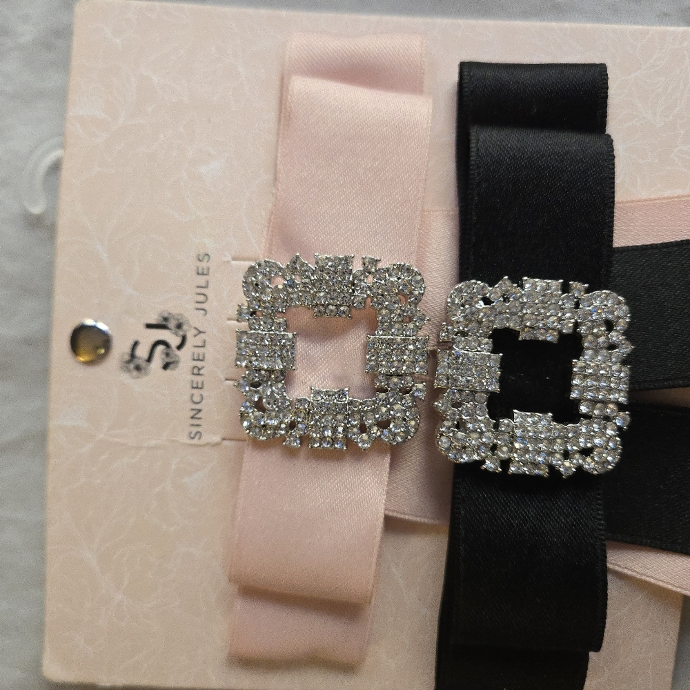 Sincerely Jules Rhinestone Buckle Satin Bow Barrettes Black & Ballet Baby Pink - Picture 5 of 5